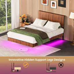 Matteo Modern Floating Bed Frame With Fluted Headboard, Led Lighting & Power Sockets, 135X200Cm, Walnut - thumbnail 7