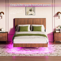 Matteo Modern Floating Bed Frame With Fluted Headboard, Led Lighting & Power Sockets, 135X200Cm, Walnut - thumbnail 6