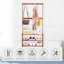 3-In-1 Bamboo Hall Tree Clothes Rail Shoe Rack Stand Coat Hat Umbrella Bag Hang - thumbnail 6