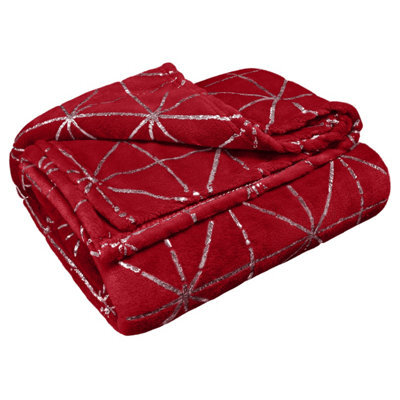 Velosso Luxurious Soft Plush Flannel Throw Blanket With Elegant Geometric Foil, Ideal For Sofa And Living Room, 127Cm X 152Cm - Red