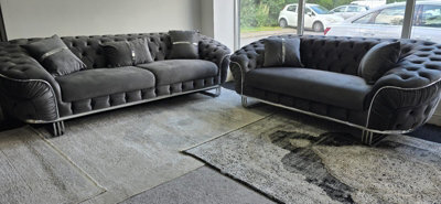 Grey Velvet Ambassador Special Sofa Chrome Accent Metal Legs - image 1