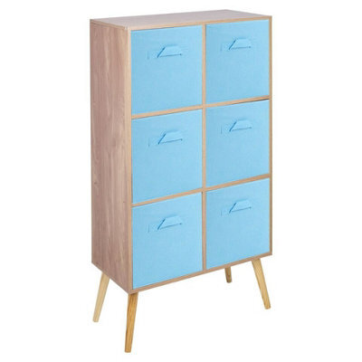 Urbn-Living Urbnliving 91Cm Height 6 Cube Oak Wooden Bookcase With White Legs Living Room Sky Blue Shelf Storage Drawers - image 1