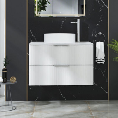 Royal Bathrooms Evora 800mm Matt White Fluted Wall Hung Vanity Unit 2 Drawer With Carrara White Undrilled Worktop - image 1