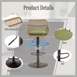 Abrihome 2-Pack Modern Swivel Bar Stools - Height Adjustable Wicker Chairs With Cushion & Floor Protectors For Kitchen Island, Green - thumbnail 8