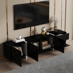 Btm Tv Cabinet Low Panel Black High Gloss With White Legs And Storage Drawers - thumbnail 9