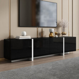 Btm Tv Cabinet Low Panel Black High Gloss With White Legs And Storage Drawers - thumbnail 7