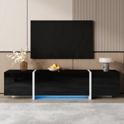 Btm Tv Cabinet Low Panel Black High Gloss With White Legs And Storage Drawers - thumbnail 2