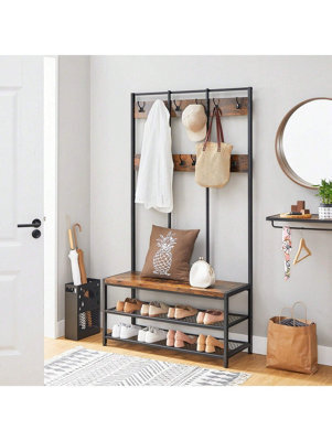 Songmics Vasagle Large Coat Rack, Entryway Cabinet With 12 Hooks And Shoe Bench,industrial Style Cloakroom Shelf,office Bedroom,steel Frame - image 1