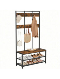 Songmics Vasagle Large Coat Rack, Entryway Cabinet With 12 Hooks And Shoe Bench,industrial Style Cloakroom Shelf,office Bedroom,steel Frame - thumbnail 8