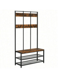 Songmics Vasagle Large Coat Rack, Entryway Cabinet With 12 Hooks And Shoe Bench,industrial Style Cloakroom Shelf,office Bedroom,steel Frame - thumbnail 7