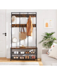 Songmics Vasagle Large Coat Rack, Entryway Cabinet With 12 Hooks And Shoe Bench,industrial Style Cloakroom Shelf,office Bedroom,steel Frame - thumbnail 3