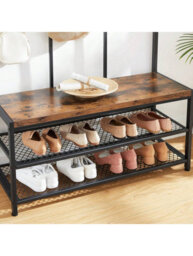 Songmics Vasagle Large Coat Rack, Entryway Cabinet With 12 Hooks And Shoe Bench,industrial Style Cloakroom Shelf,office Bedroom,steel Frame - thumbnail 5