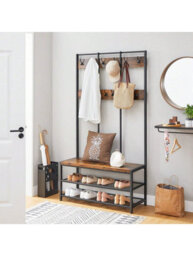 Songmics Vasagle Large Coat Rack, Entryway Cabinet With 12 Hooks And Shoe Bench,industrial Style Cloakroom Shelf,office Bedroom,steel Frame - thumbnail 1