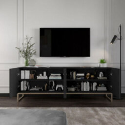 Heze Furniture Elpis Glamour Tv Cabinet Media Unit Extra Long 300 Cm - Black Matt / Gold Frame - thumbnail 5