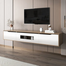 HomeTouch Floating Modern High Gloss Tv Unit Stand Cabinet With Wood Top And Colour Led Lights - thumbnail 8