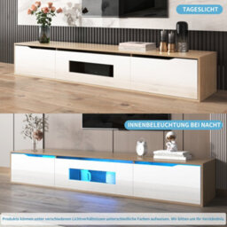 HomeTouch Floating Modern High Gloss Tv Unit Stand Cabinet With Wood Top And Colour Led Lights - thumbnail 2