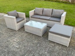 Fimous Light Grey Lounge Outdoor Pe Rattan Garden Furniture Set Wicker Sofa Set Oblong Coffee Table Armchair - thumbnail 2