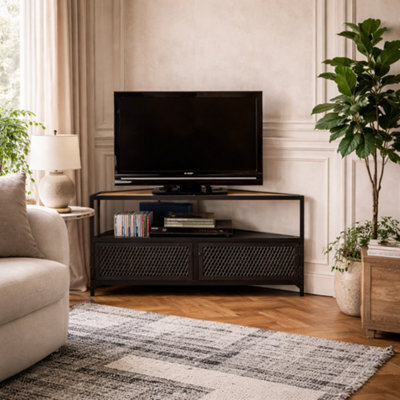 Wyld Haus Oulu Small Industrial Reclaimed Wood And Metal Corner Tv Unit 2 Doors - image 1