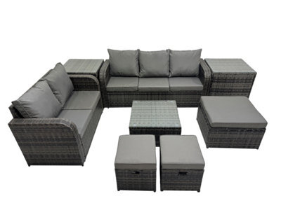 Fimous Wicker Pe Rattan Garden Outdoor Furniture Set Love Sofa Square Coffee Table Set With 3 Stools 2 Side Tables Dark Grey Mixed - image 1
