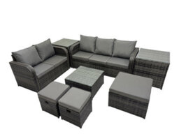 Fimous Wicker Pe Rattan Garden Outdoor Furniture Set Love Sofa Square Coffee Table Set With 3 Stools 2 Side Tables Dark Grey Mixed - thumbnail 2