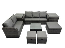 Fimous Wicker Pe Rattan Garden Outdoor Furniture Set Love Sofa Square Coffee Table Set With 3 Stools 2 Side Tables Dark Grey Mixed - thumbnail 1