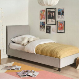 Beliani Grey Fabric Bed Frame Eu Single 90X200 Cm - Scandinavian Minimalist, Tall Padded Headboard - thumbnail 2
