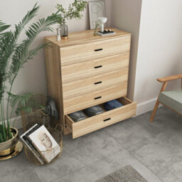 Urbn-Living Urbnliving Height 90.5Cm 5 Drawer Wooden Bedroom Chest Cabinet Modern Oak Carcass And Oak Drawers Wide Storage Cupboard Closet - thumbnail 2