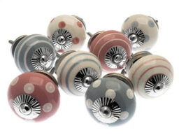 Cupboard Knobs Ceramic Set Of 8 Whisper Grey, Pale Pink And White Spots And Stripes By Mango Tree