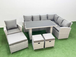 Fimous Outdoor Garden Furniture Sets 10 Seater Wicker Rattan Corner Sofa Sets With Dining Table 3 Footstools Armchair Light Grey - thumbnail 1