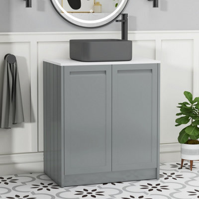 Royal Bathrooms Royal Bathroom Elmore 700mm Matt Pebble Grey Freestanding Bathroom Vanity Unit 2 Door Plain White Worktop With Art Square Basin - image 1