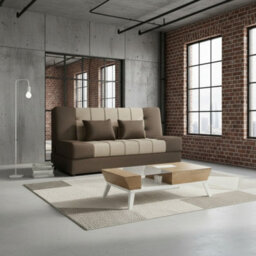 Sonia Sofa Bed With Click Clack Mechanism Sleeping Function Storage 2 Decorative Cushions 194X90X88Cm Brown And Beige - thumbnail 2
