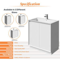 Plum&clay Luna Gloss White Floor Standing Vanity Unit & Resin Basin Set Bathroom Furniture (W)800mm (H)855mm - thumbnail 4