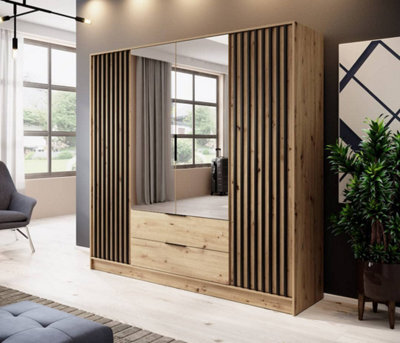 Arte Nelly Contemporary Mirrored Hinged 4 Door Wardrobe Oak Effect 2 Drawers 8 Shelves 1 Rail Lamela Decor (H)2000mm (W)2060mm (D)510mm - image 1