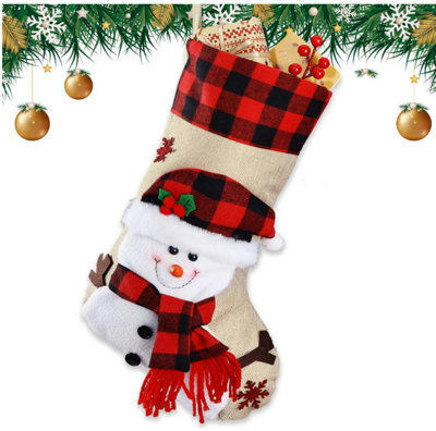 Amorly Christmas Stocking Snowman Design, Burlap Xmas Stocking With Red Black Plaid Cuff, Christmas Sock For Fireplace Holiday Decor - image 1