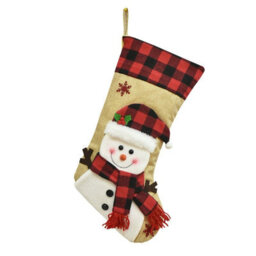 Amorly Christmas Stocking Snowman Design, Burlap Xmas Stocking With Red Black Plaid Cuff, Christmas Sock For Fireplace Holiday Decor - thumbnail 4