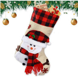 Amorly Christmas Stocking Snowman Design, Burlap Xmas Stocking With Red Black Plaid Cuff, Christmas Sock For Fireplace Holiday Decor - thumbnail 1