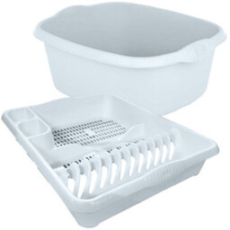 KetoPlastics White 2 Piece Kitchen Set - Large Dish Drainer And Rectangle Washing Up Bowl - thumbnail 1