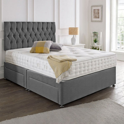 Dining Tables Beirut Matching Headboard Divan Set, 2 Drawer On Same Side With Sprung 1500 Comfort Mattress - Damask Fabric Grey - Double - image 1