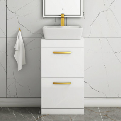 Royal Bathrooms 500mm Floor Standing Vanity Unit 2 Drawer Gloss White & Countertop Basin - Cube With Brushed Brass Handle - image 1