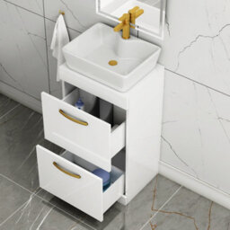 Royal Bathrooms 500mm Floor Standing Vanity Unit 2 Drawer Gloss White & Countertop Basin - Cube With Brushed Brass Handle - thumbnail 3