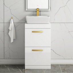 Royal Bathrooms 500mm Floor Standing Vanity Unit 2 Drawer Gloss White & Countertop Basin - Cube With Brushed Brass Handle - thumbnail 1