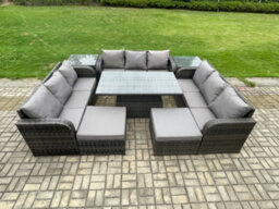 Fimous 11 Seater Garden Dining Set Outdoor Rattan Furniture Lounge Sofa Height Adjustable Rising Lifting Table - thumbnail 2