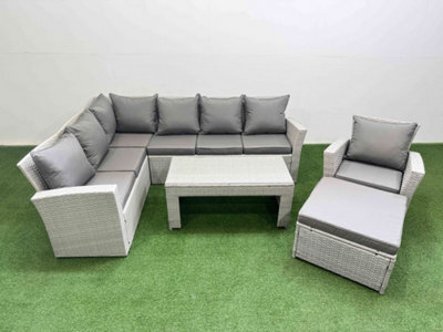 Fimous Rattan Garden Furniture Set Outdoor 8 Seater Corner Sofa Sets With Oblong Coffee Table Chair Big Footstool Light Grey Mixed - image 1