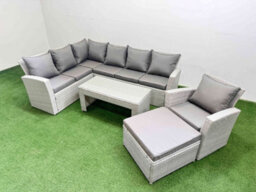 Fimous Rattan Garden Furniture Set Outdoor 8 Seater Corner Sofa Sets With Oblong Coffee Table Chair Big Footstool Light Grey Mixed - thumbnail 2