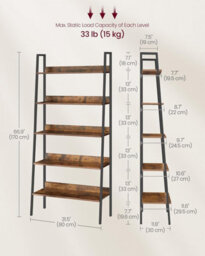 Songmics Ladder Rack, Storage Shelf, 5-Tier Compact Shelf, Bookcase, Industrial, Rustic Brown And Ink Black - thumbnail 2