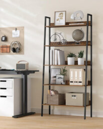 Ladder Rack, Storage Shelf, 5-Tier Compact Shelf, Bookcase, Industrial, Rustic Brown And Ink Black