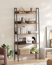Songmics Ladder Rack, Storage Shelf, 5-Tier Compact Shelf, Bookcase, Industrial, Rustic Brown And Ink Black - thumbnail 4
