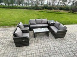 Fimous 7 Seater Outdoor Rattan Garden Furniture Set Patio Lounge Sofa Set With Rectangular Coffee Table Side Table - thumbnail 2