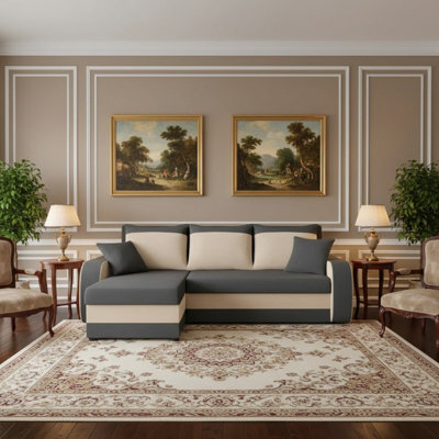 Kris M Corner Sofa Bed Has Storage Ottoman Polyurethane Foam Wooden Frame Plastic Legs 238X147X80Cm Grey And Cream - image 1
