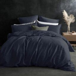 Lazy Linen 100% Washed Linen Fitted Sheet Navy Blue European Flax Breathable Deep 36Cm Double Bed Sheet - thumbnail 2